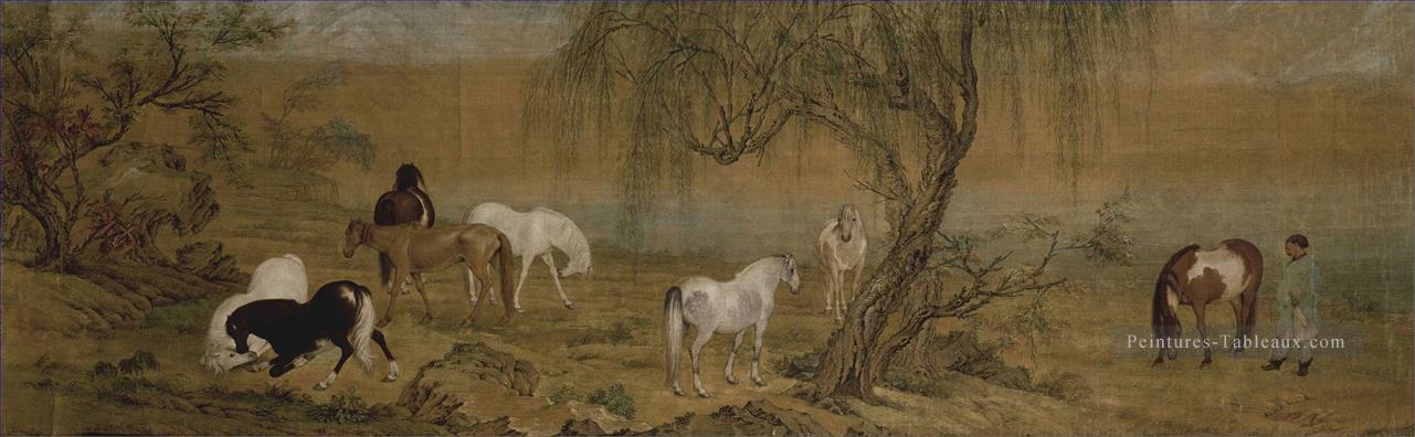 Lang chevaux brillants dans la campagne ancienne Chine encre Giuseppe Castiglione Peintures à l'huile